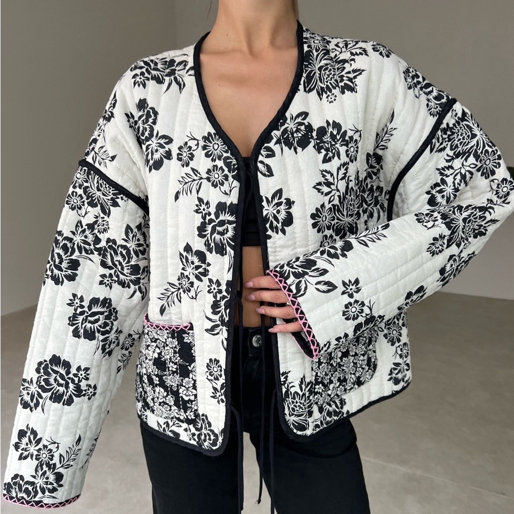 Beautiful Black and White Printed Jacket with pink thread detailing